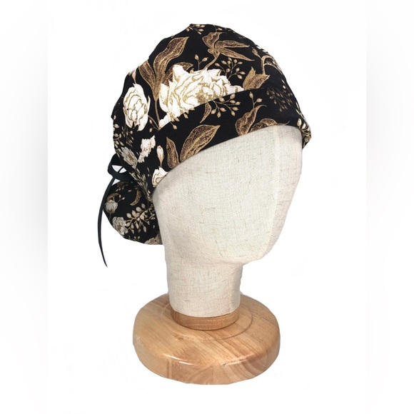 Nursing Scrub Cap with Ribbon Ponytail - Gold Flowers - Picture 2 of 4